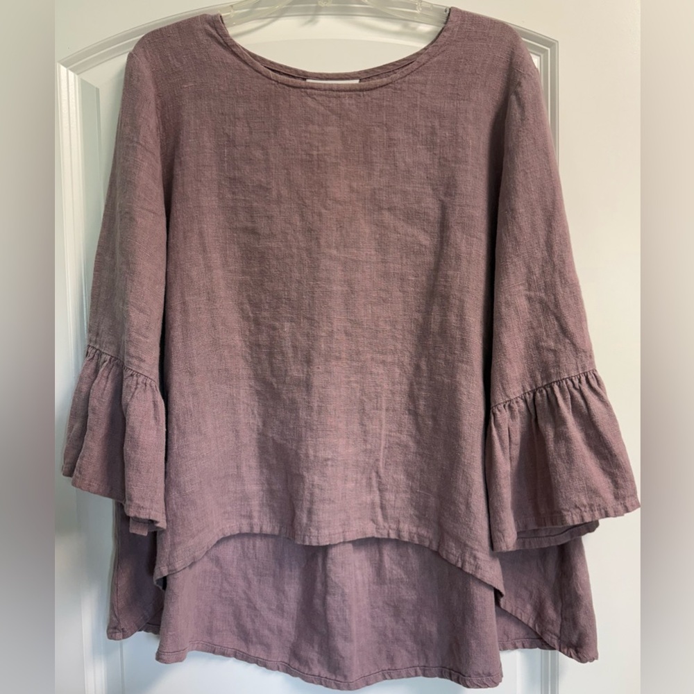 bryn Walker “Fran” Dusty Mauve 3/4 Ruffle-Sleeve Tunic Linen Sz Medium